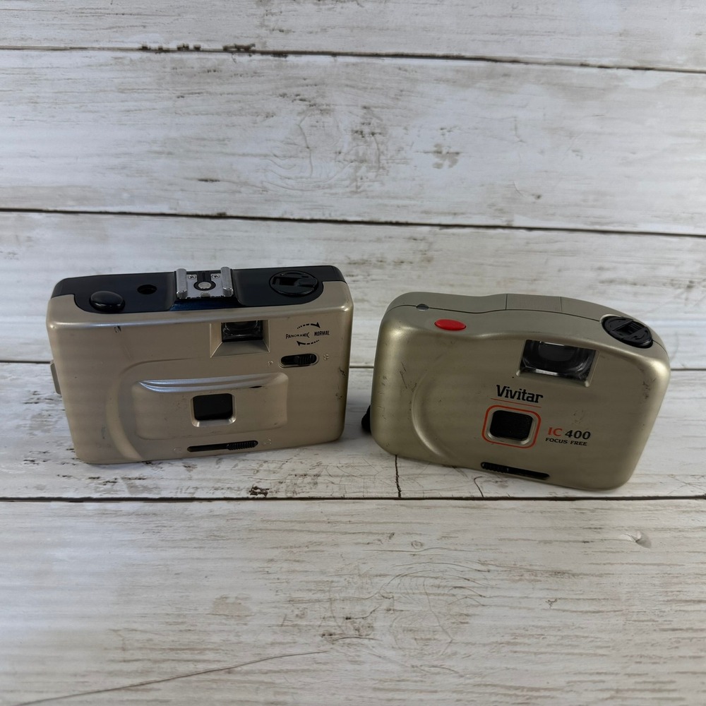 Vivitar IC 400 Focus Free and Panoramic 35mm Film Camera Lot Champagne Gold